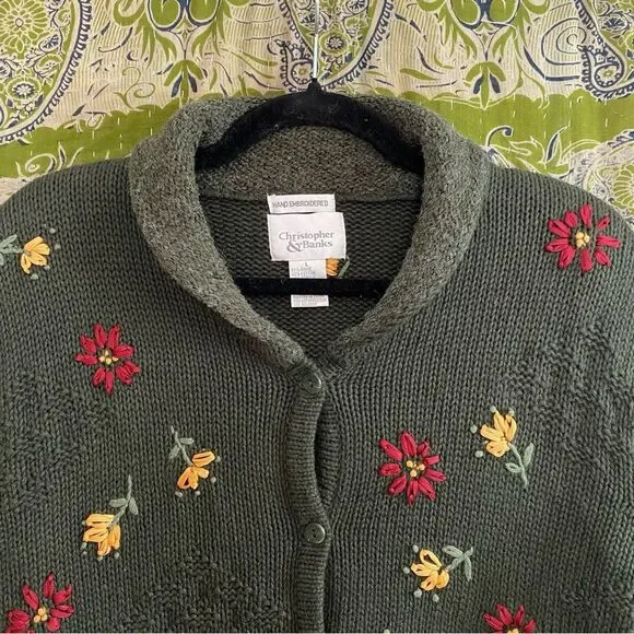 Vtg 90's Christopher & Banks Green Hand Embroidered Cottage Cardigan Size Large - Picture 2 of 14